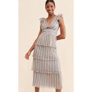 Saylor Lyla Metallic Rainbow Stripe Tiered Cocktail Dress Size S Silver Midi
